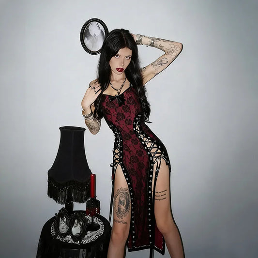ONE TO WAN Summer Sexy Dark Gothic Style Dress Women's Subcultural Y2K Thin Spaghetti Strap Dress Vintage Design Punk Streetwear