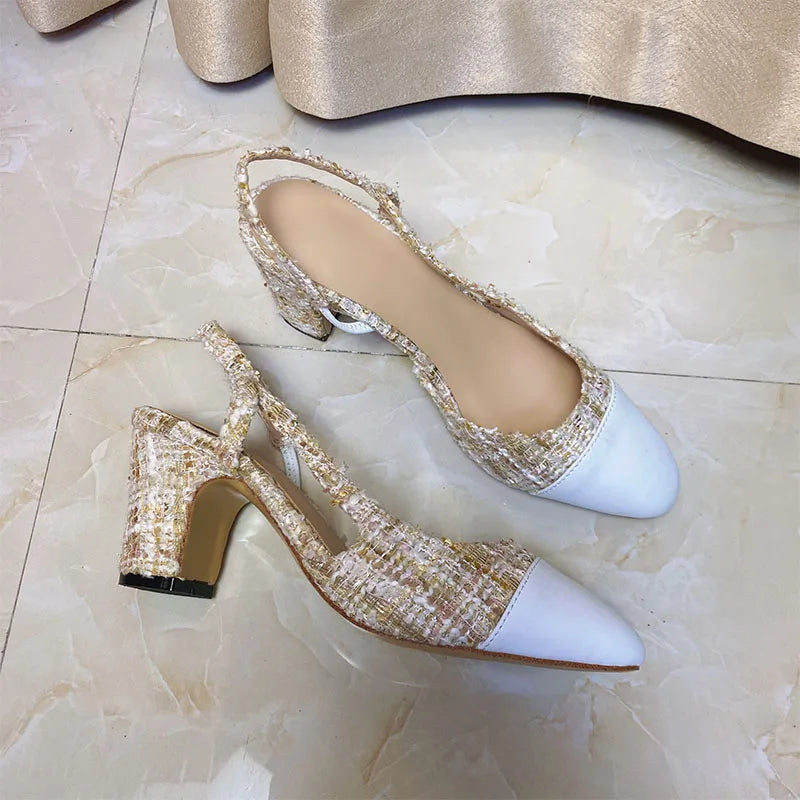 2023Spring Autumn Fashion High Heels Sandals Women's Dress Square Toe Slingback Shoes Women's Color Block Back With Flat Sandals