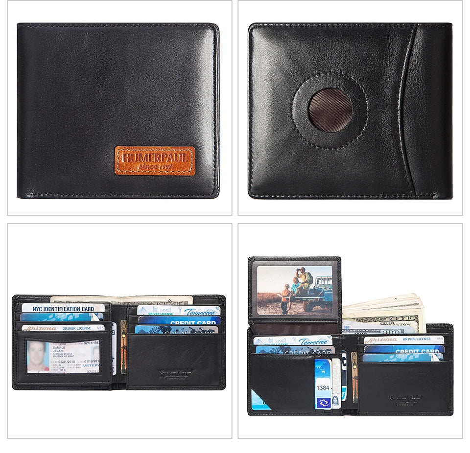 HUMERPAUL Airtag Wallet For Men Real Leather RFID Trifold Card Holder Case with ID Window Slim Anti-lost Purse