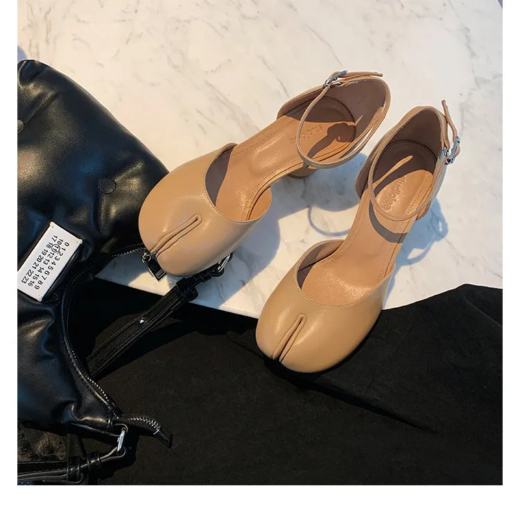 Brand Designer Tabi ninja high heels shoes woman ankle strap silver crack leather pumps split toe D'orsay mary janes shoes woman
