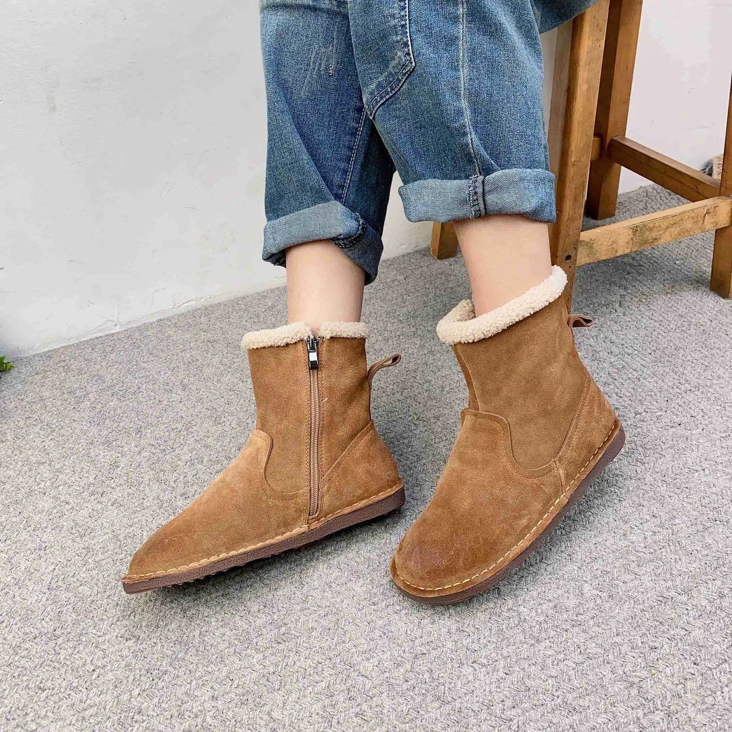 Careaymade-Genuine cow leather Snow cotton round head flats woolen short boots plush warm snow boots Oversized shoes size 35-43