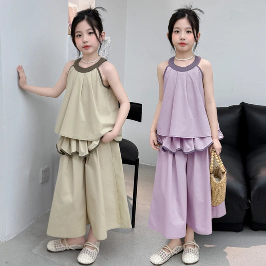 Girls Summer Casual Loose Skirt Pants Set Two Piece Outfit Big Kids Fashion Children's Clothing Set Comfortable