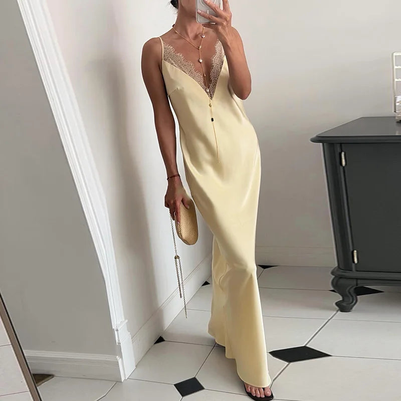 Summer Satin Lace Spliced Long Dress Women V Neck Sleeveless Waist Cinching Strap Dresses 2026 Lady Casual Solid Party Robe