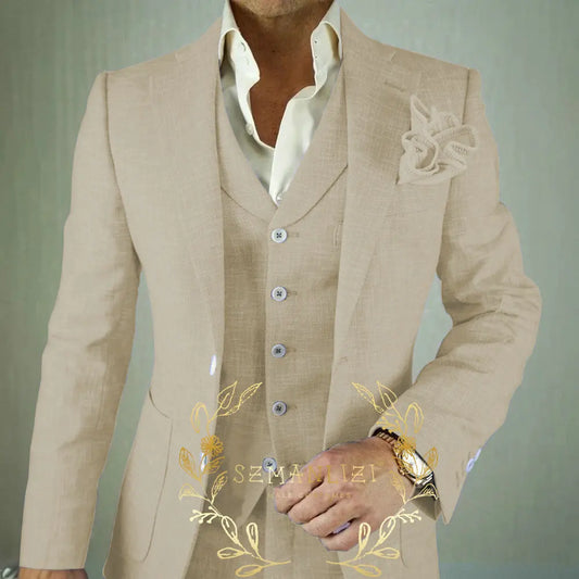 Casual 3 Piece Beige Linen Men Suits Notch Lapel Slim Fit Groom Tuxedos Blazer Vest Pants Sets Wedding Prom Party Costume Homme