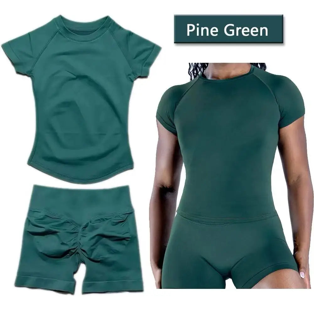 2 Pieces Sports Sets Short Sleeve Seamless Yoga Top Fitness Set Women Workout Running Sports Shorts Gym Suit