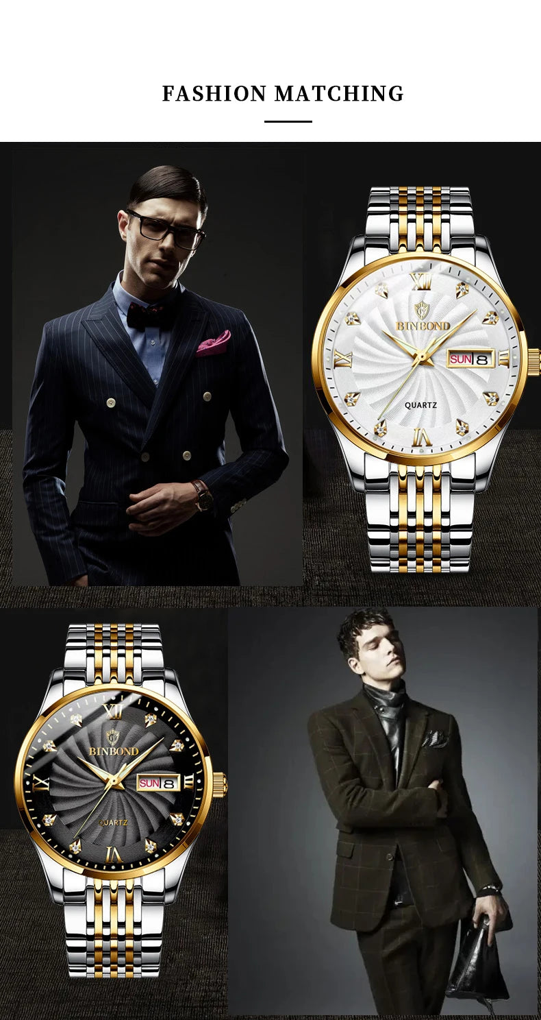 BINBOND Quartz Watches for Men Luxury Luminous Waterproof Precise Auto Date Week Display Men's Watch Casual Sturdy Reloj