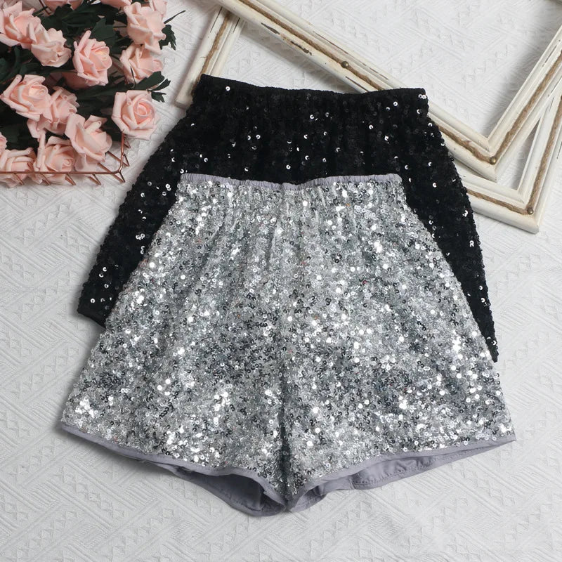 Women's Sexy Sequined Shorts High-waisted Wide-leg Pants Elastic-waisted Casual Hot Pants