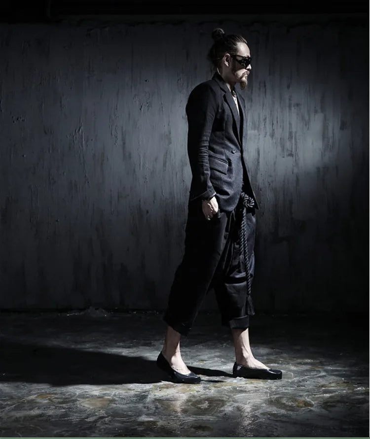 Men's Summer Black Linen Harem Pants Nightclub Stage Baggy Trousers With Rope Belt Mens Gothic Punk Hip Hop Joggers Street Wear