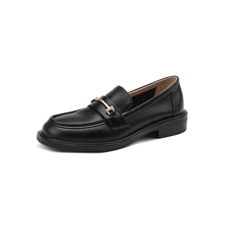Ochanmeb Natural Leather Loafers Flat Shoes Women Brand Metal Chain Round Toe Slip-ons Flats Ladies Casual Creepers Moccasins 40