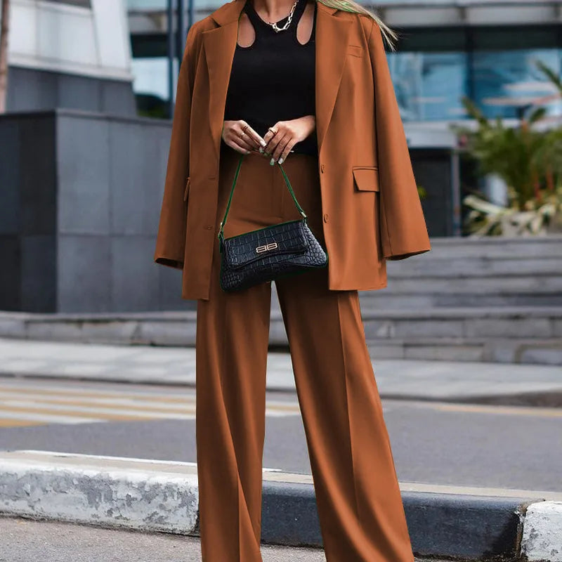 Women's Trousers Suit Casual Long Sleeve Jacket + Wide Leg Pant Female 2 Pieces Blazer Set Ladies Fashion Elegant Pant Suit
