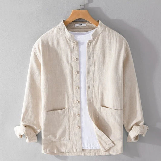 Men's Casual Linen Stand Collar Shirt Long Sleeve Button Down Pocketed Loose Fit Solid Color Blouse