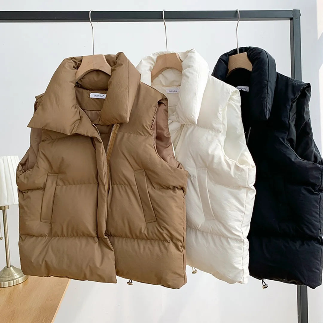 Women Zippered Cotton Vest Winter Autumn Sleeveless Waistcoat Jacket Vintage