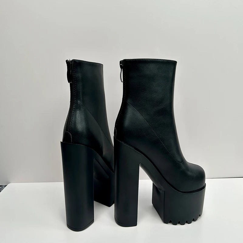 16CM Super High Heels Motorcycle Boots New Square Heel Platform Women Ankle Boots Sexy White Pleated Back Zipper Short Boots