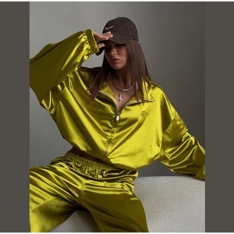 2026 Spring Satin Embroidered Zip-Up Jacket Wide Leg Pants Set Oversized Slouchy Women 2 Pcs Outfit Cool Lady Co-ord Streetwear