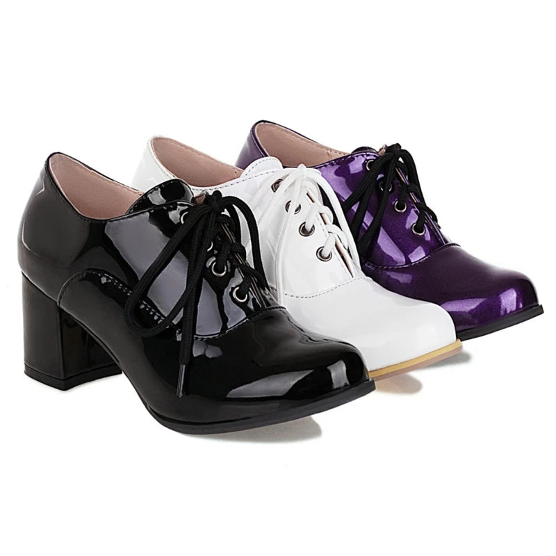 Women's Purple High Heels Loafer Shoes Fashion Lace-up Black White Block Heeled Party Wedding Office Shoes Female Big Size 45