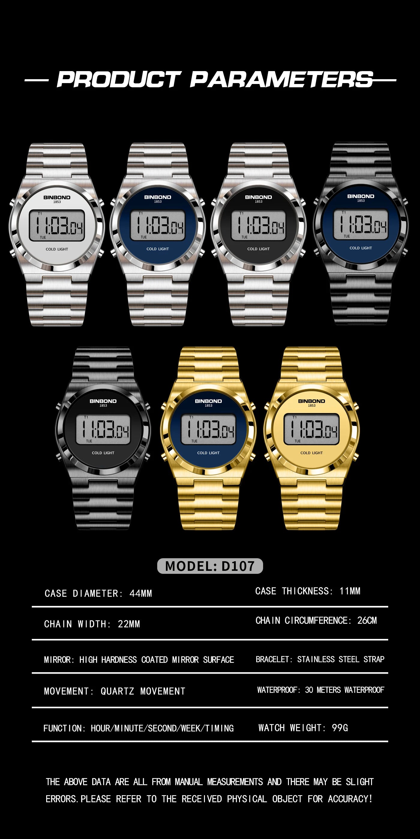 BINBOND New Men Electron Watch Luxury Stainless Steel LED Digital Waterproof Men Wristwatch Luminous Sports Clock Reloj Hombre