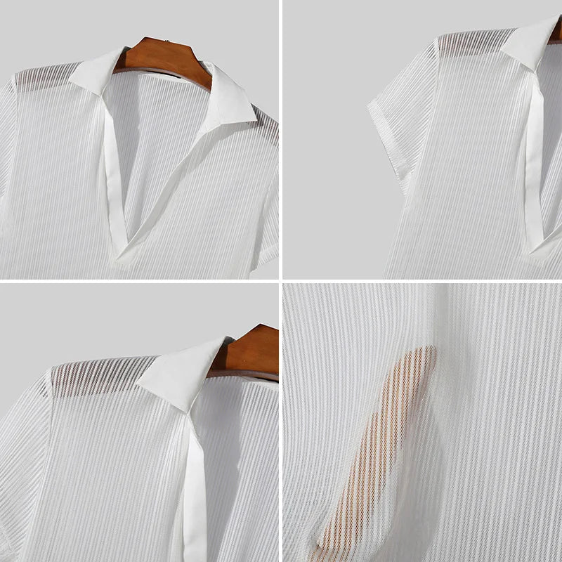 Fashion Well Fitting Tops INCERUN Men's Striped Perspective V-neck T-shirts Casual Streetwear Short Sleeved Camiseta S-5XL 2024