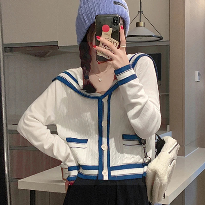 Knitted Spring Preppy Style Sailor Neck Women's Knitted Cardigan Elastic Wide Leg Pants Long Sleeve Korean Sportswear Set