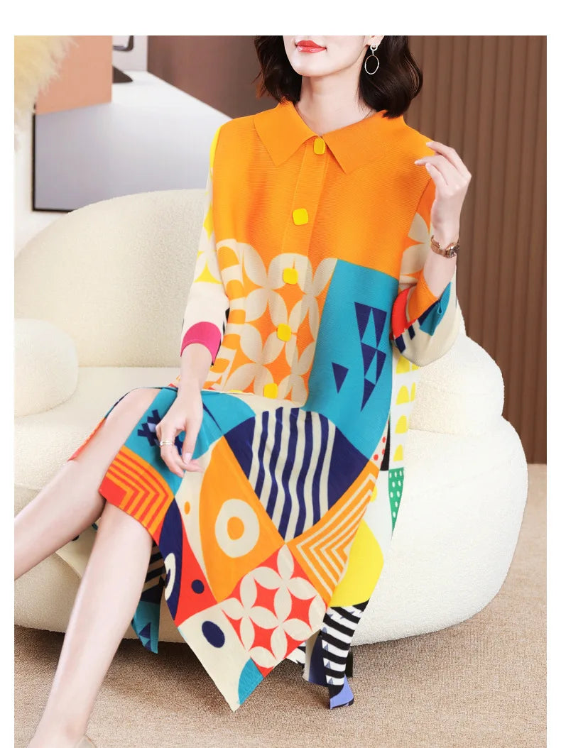 Miyake Pleated Dress Women 2024 Spring New High-End Design Sense Printing Lapel 3/4 Sleeve Single-breasted Fashion Shirt Dresses