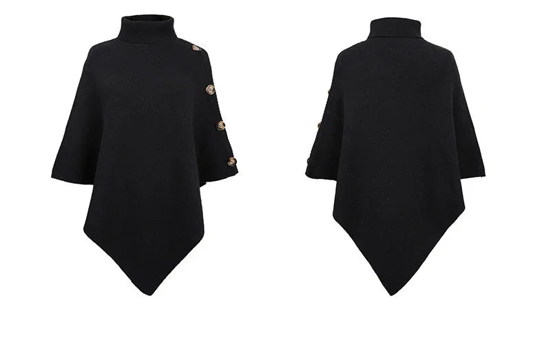 2025 Autumn Winter Shawl Cloak Sweater Solid Color Turtleneck Oversized Cape Coat Female Ponchos Pullover Knitted Bat Sleeve Top
