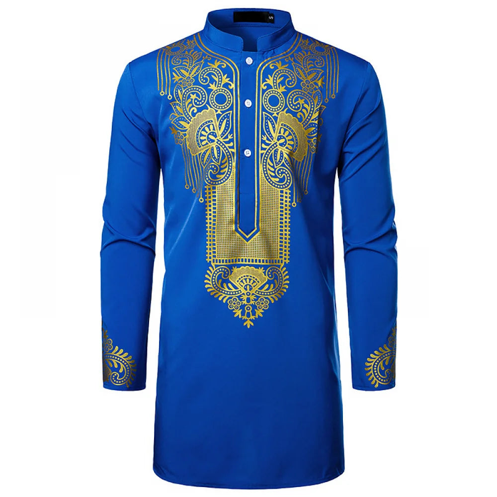 Men's Traditional African Shirt Print Golden Flowers Long Sleeve Shirt Ethnic Casual Outfits Wedding African Streetwear