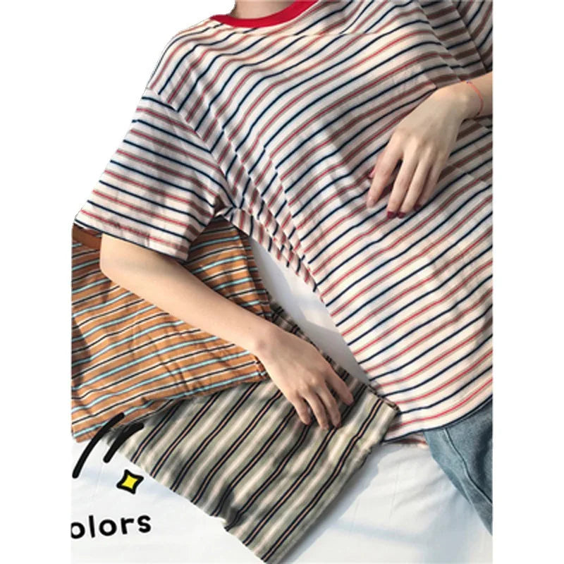 MRMT 2026 Brand New Women's Striped t-Shirts Contrast Color Striped Women t Shirt Loose Woman Bottoming Shirts Tops Tees