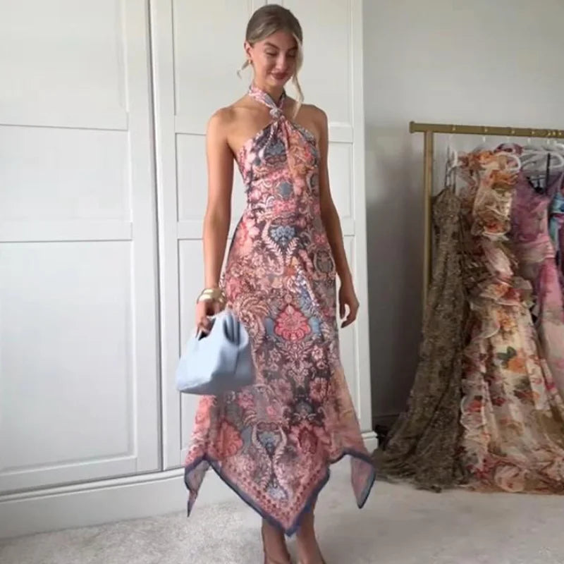 Halter Neck Floral Print Split Set Sleeveless Casual Top Tropical Wrap Slit Maxi Skirt 2026 Summer Bohemian Holiday Women Outfit
