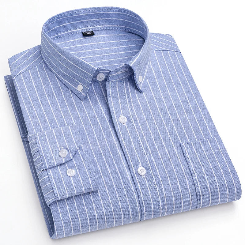 100%Pure Cotton Shirt Long Sleeve  Oxford Casual Solid Color Striped Regular Fit Formal Dress Shirt Men's Clothing 6XL 7XL