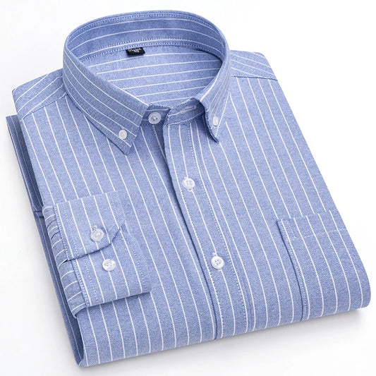 100%Pure Cotton Shirt Long Sleeve  Oxford Casual Solid Color Striped Regular Fit Formal Dress Shirt Men's Clothing 6XL 7XL