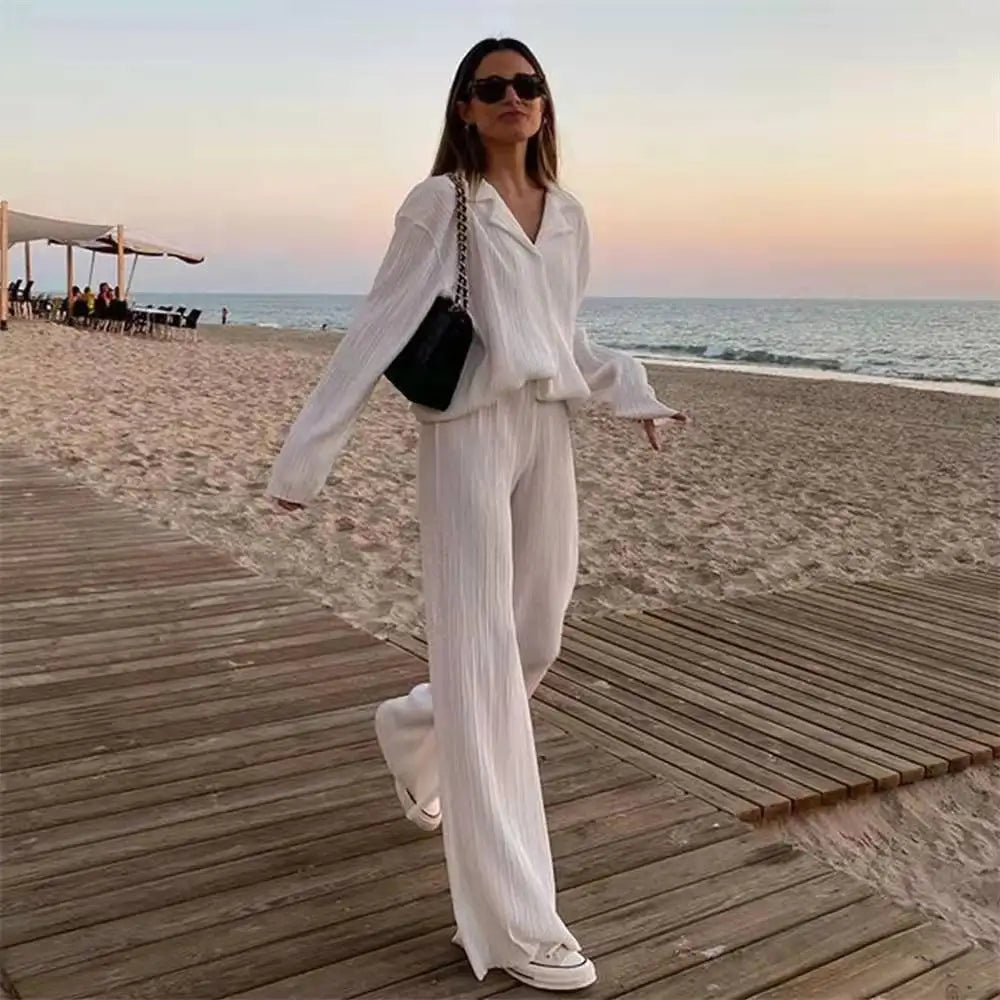 New Two Piece Set Women Outfits Pleated Women's Elegant  Drape Loose Sets Shirt High Waist Trousers Female Suit Fashion Casual