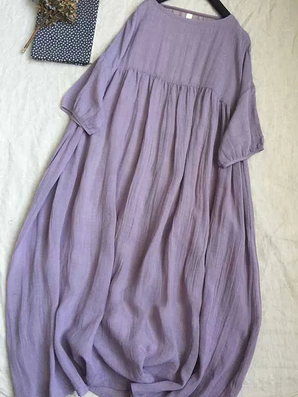 2024 Women Summer Cotton And Linen Pleated Double Layered Robe Casual Loose Half Sleeve Dress Ladies Holiday Clothes X1041
