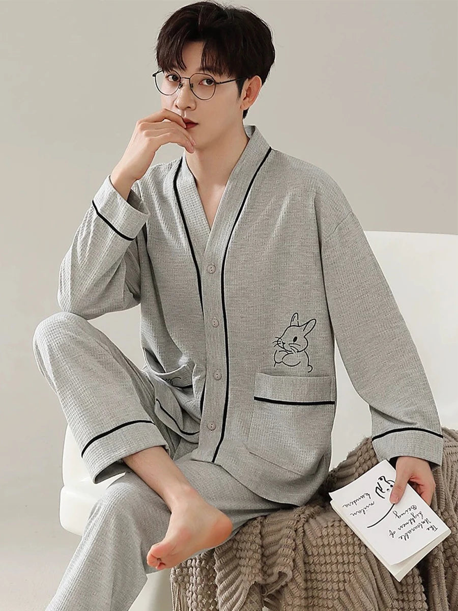 Pajamas for Men Spring and Autumn Long-Sleeved Young Men's Simple Casual Lapel Autumn and Winter Home Wear Set