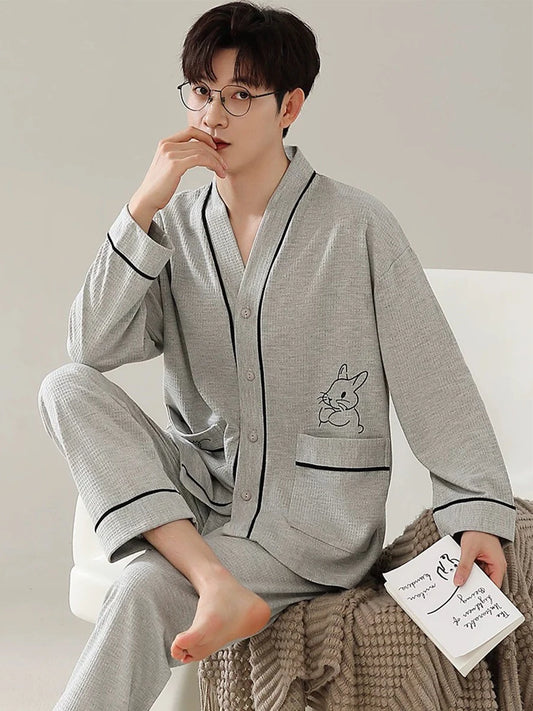 Pajamas for Men Spring and Autumn Long-Sleeved Young Men's Simple Casual Lapel Autumn and Winter Home Wear Set