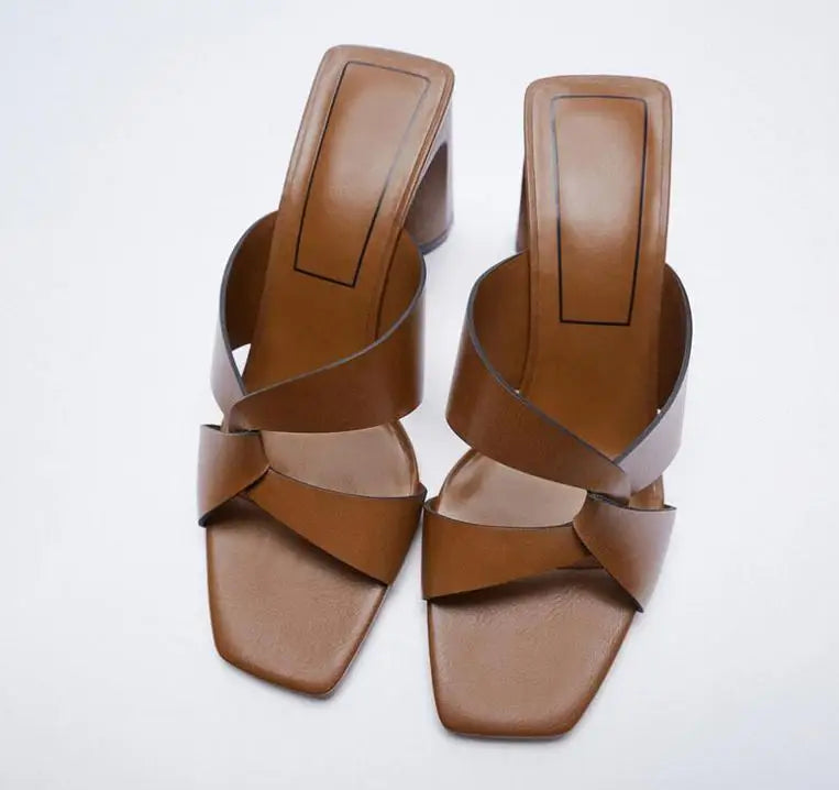 Summer new women's shoes brown black thick-heeled cow leather sandals square toe cross with open toe back high heels slippers