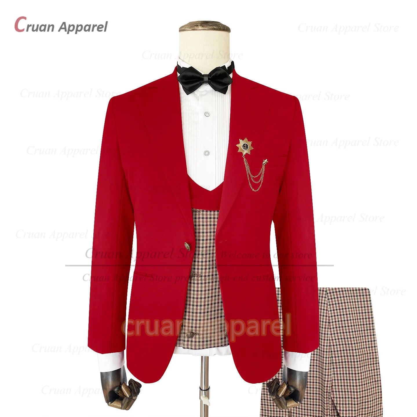Classic Brown Suit Sets For Men Fashion Checkered Blazer Vest Pants 3 Pieces Formal Party Tailor-made Elegant Slim Fit Costumes