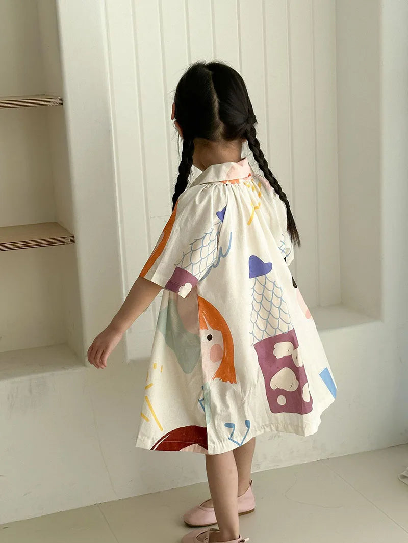 Loose Fit Summer Kids Clothes Set Girls Cute Graffiti Dress Boys Short Sleeved Shirt Children Thin Brother Sisters Outwear Suit