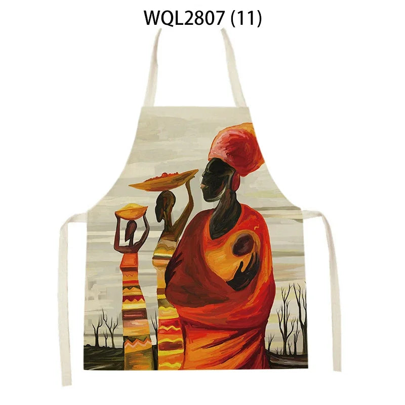 African Style Kitchen Aprons Linen Cooking Waist Bib African Woman Pattern Household Cleaning Sleeveless Pinafore Baking Aprons