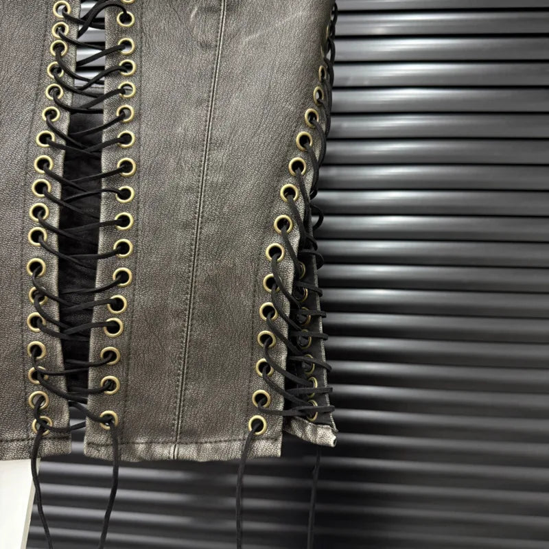 DEAT Fashion Vintage Bandage Design Hollow Out PU Short Strapless Vest For Women Outwear High Street Tank Tops Female 11A04791
