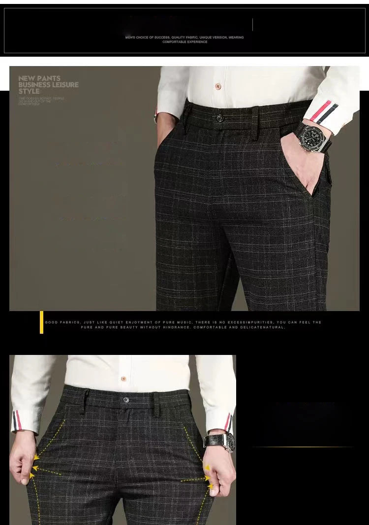 Fashion Black Grey Casual Trouses Mens Straight Fit Long Pants Striped Plaid Four Seasons High Quality Brand Business Trousers