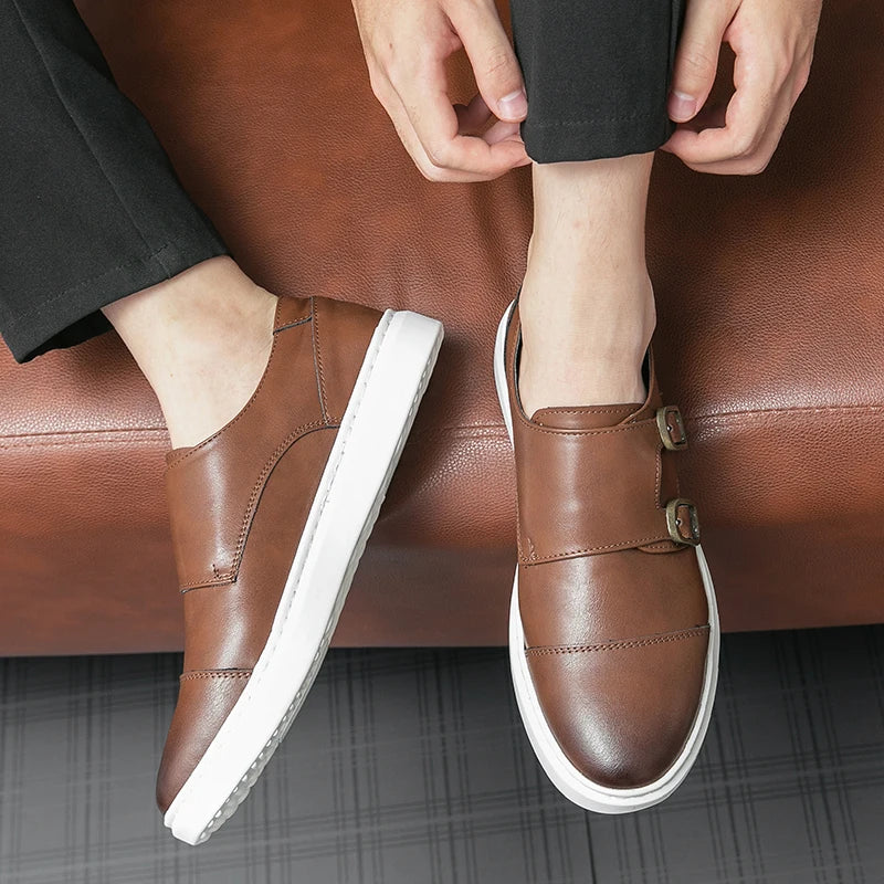 Italy Men Double Buckle Casual Shoes Autumn Leather Loafers Office Shoes for Men Driving Business Comfortable Slip on Shoes Men
