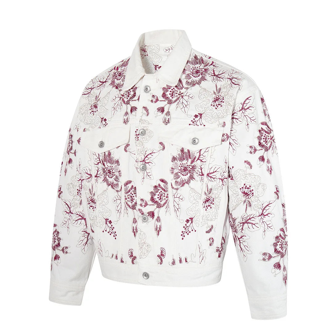 American High Street Retro Floral Embroidered Denim Jacket Hip Hop Loose Casual Trendy Brand Jeans Coat Tops