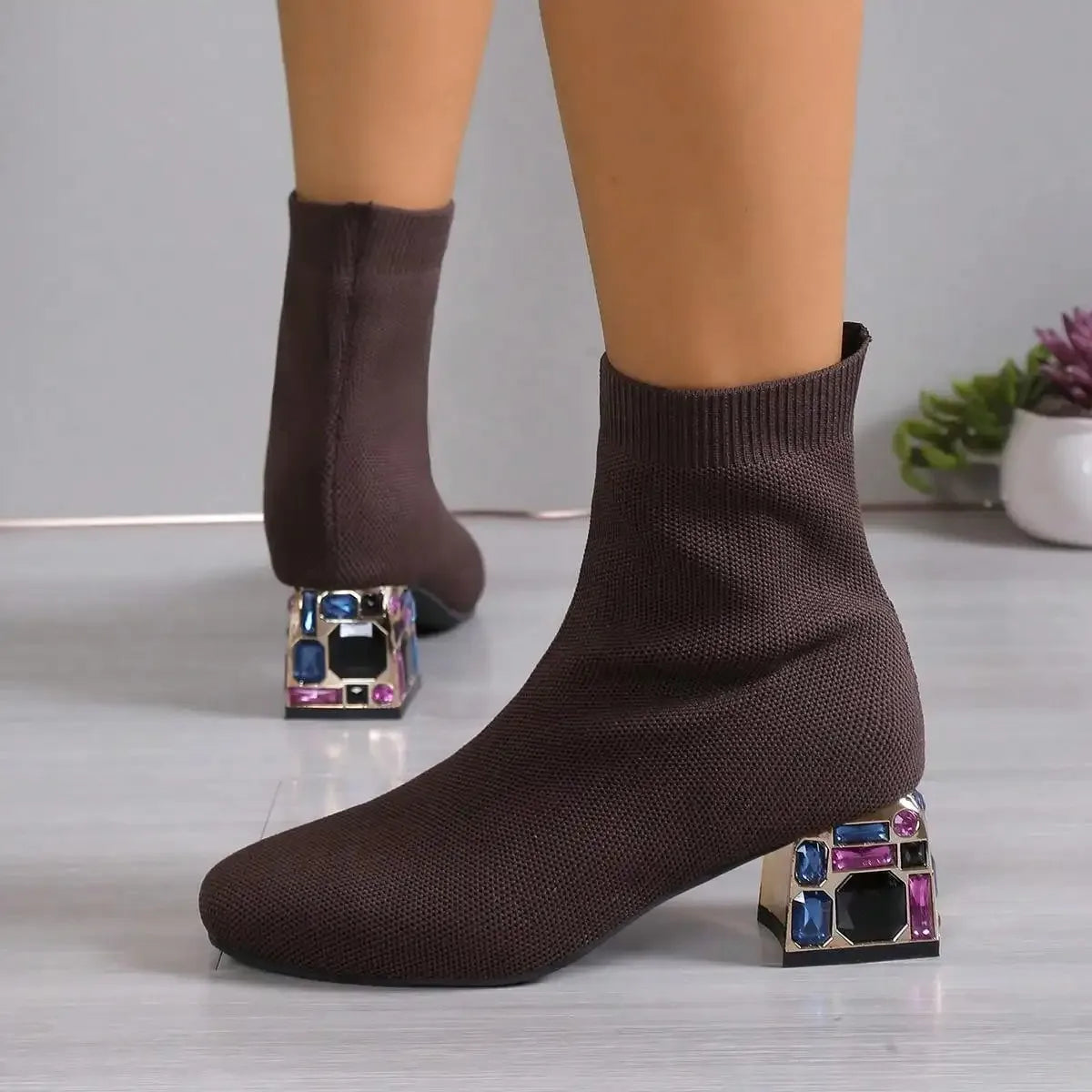 Women Hot Sale High Heels Short Boots 2023 Winter Designer Square Toe Mesh Breathable Stretch Sock Boots Slip on Platform Shoes