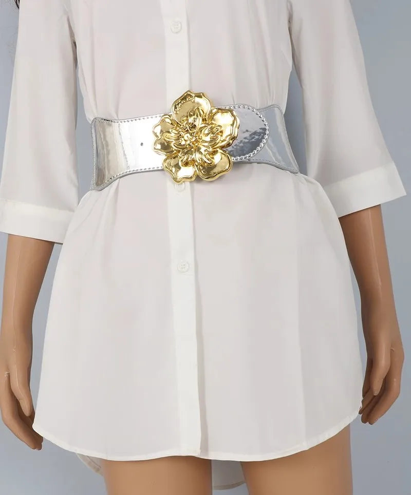 Women's Fashion Flower Buckle PU Leather Elastic  Corset Female Cummerbund Coat Waistband Dress Decration Wide Belt  J088 BAZAARHUBO