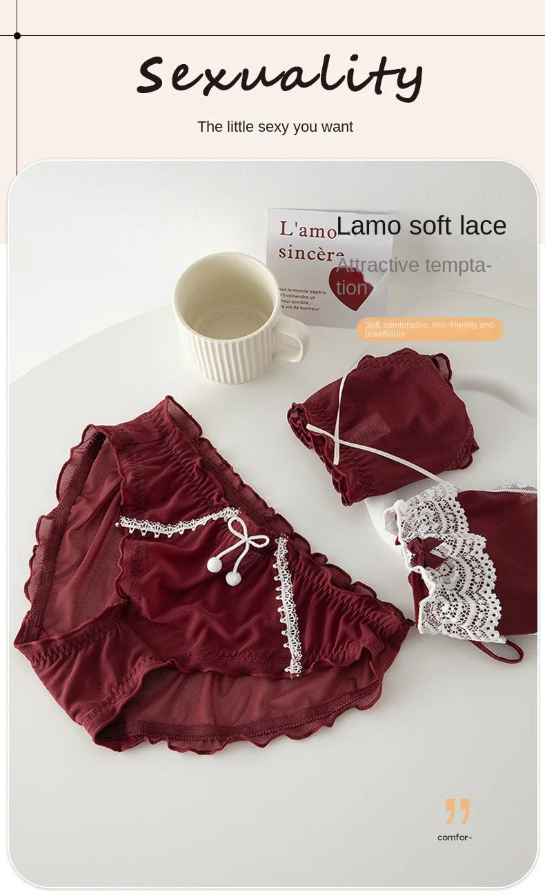 L-XL Women's Underwear Panty Sexy Lace Panties Bowknot Wine Red Brief Med Waist Seamless Underpants Female Lingerie Panties