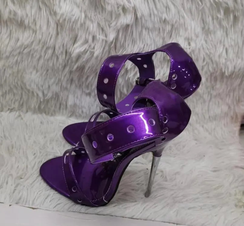 Padlock Metal Stiletto High Heels Sandals Purple Black Red Leather Big Ankle Strap Studded Celebrating Shoes