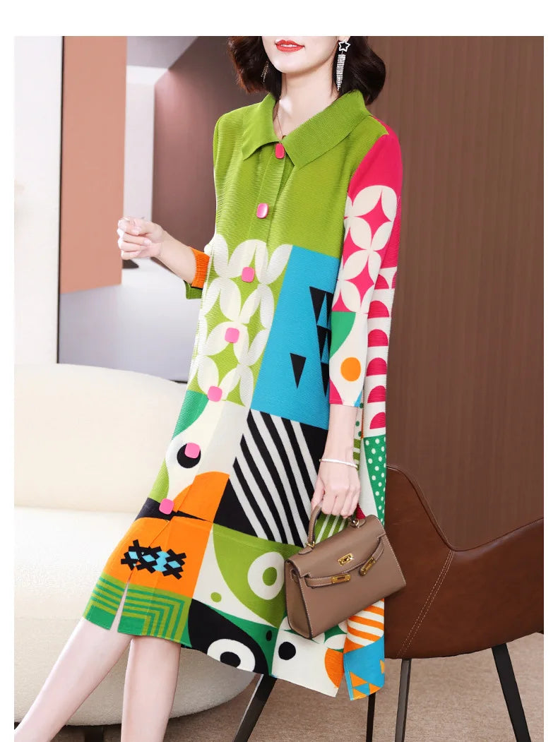 Miyake Pleated Dress Women 2024 Spring New High-End Design Sense Printing Lapel 3/4 Sleeve Single-breasted Fashion Shirt Dresses
