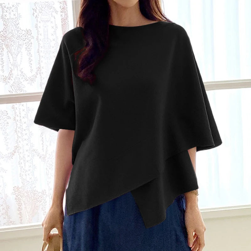 ZANZEA Women Fashion Blouse Chic 3/4 Sleeve Ruffle Hem Top Shirt 2025 Summer Round Neck Loose Blusa Elegant Irregular Work Tunic