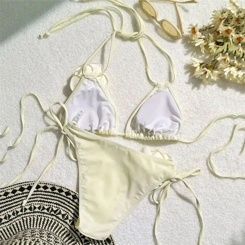 Women Two Piece Bikini Set 3D Floral Bandeau Swimwear Sexy Brazilian Bikini Lace Up Bathing Suit Separate Beachwear For Women