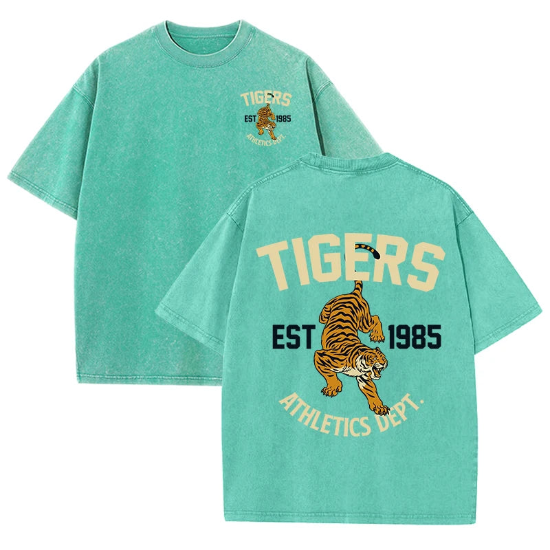 Tigers Est 1985 Sport Print Washed Women T-Shirt Summer Casual Retro T Shirts Snow Wash Tee Top Loose Unisex Retro Streetwear