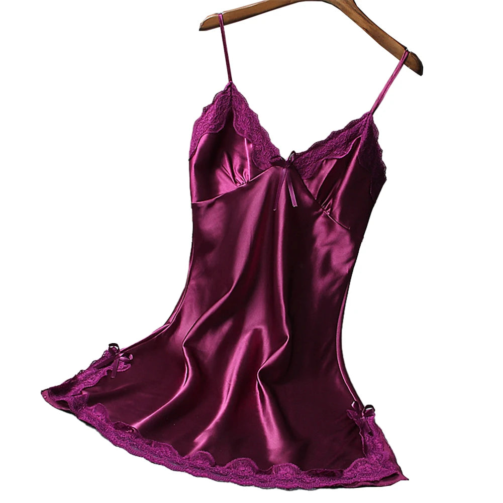 Ladies Sexy Silk Satin Night Dress Nightgown Sleeveless Lace Lingerie Sleepwear Ladies Wrap Dress Robe Sleepwear
